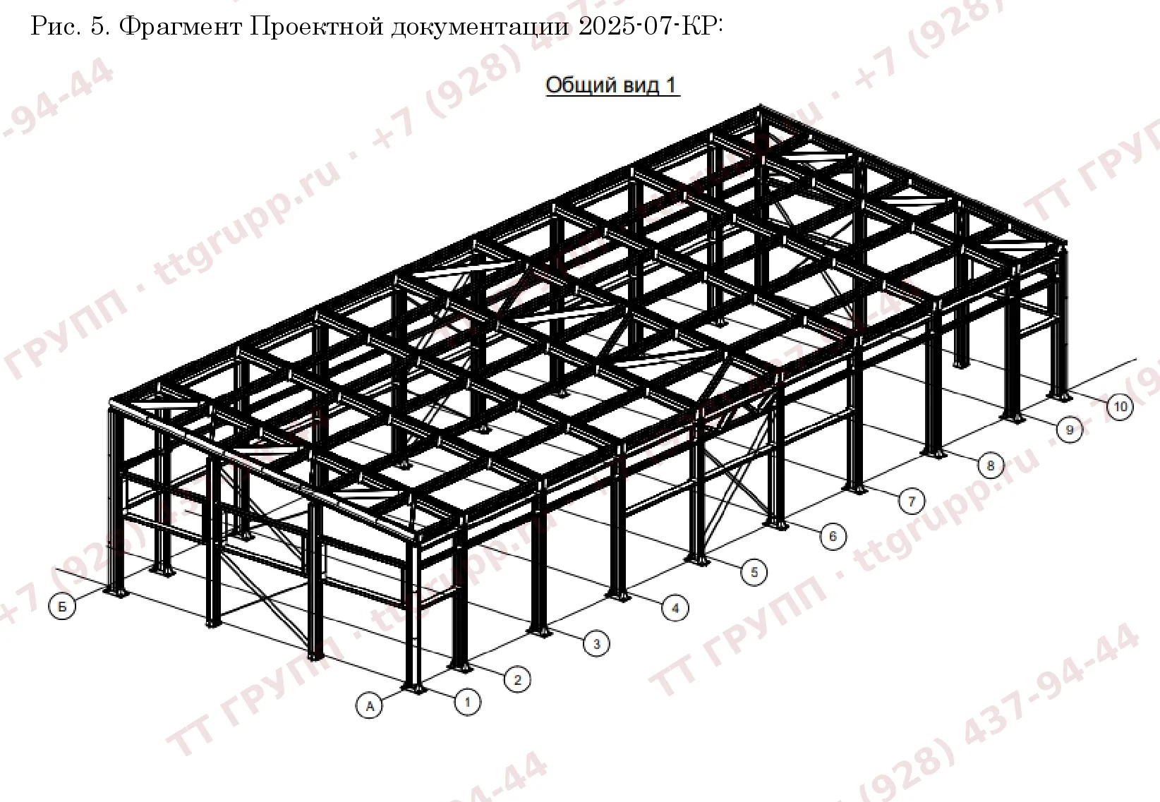 Фрагмент образца заключения: Рис. 5, общий вид каркаса — колонны, балки, связи, прогоны