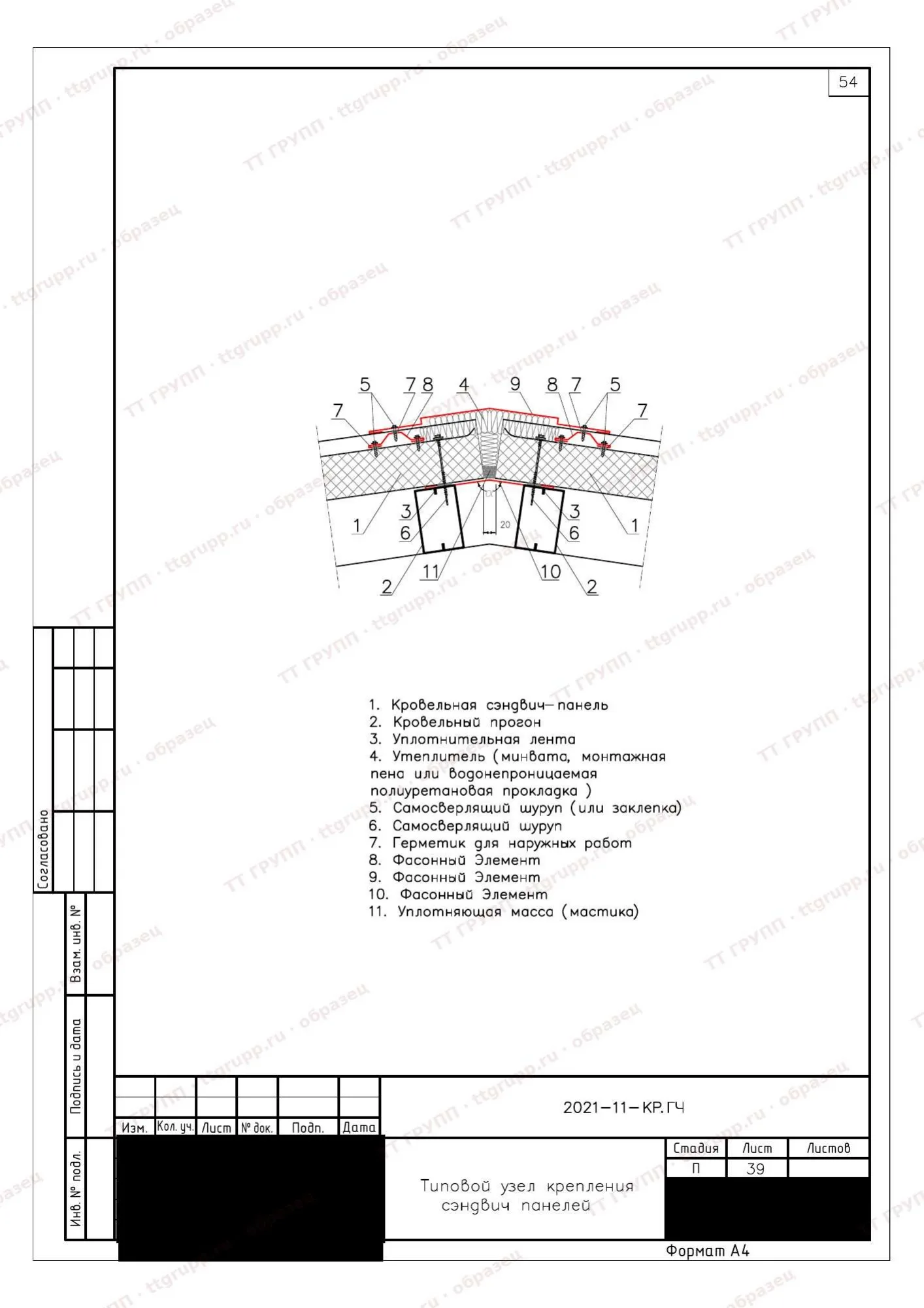 Коньковый узел кровли из сэндвич-панелей на типовом чертеже: фасонные элементы, уплотнитель, герметик, крепёж
