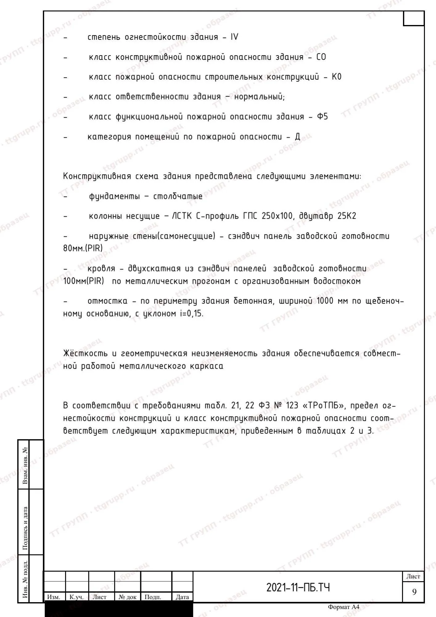 ПБ: здание описано через классы — огнестойкость IV, пожарная опасность С0, категория Д