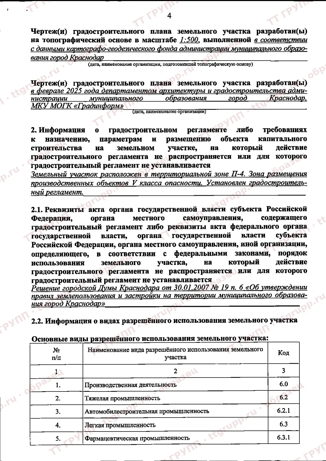 Образец ГПЗУ (данные участка закрыты): территориальная зона П-4 и основные виды разрешённого использования